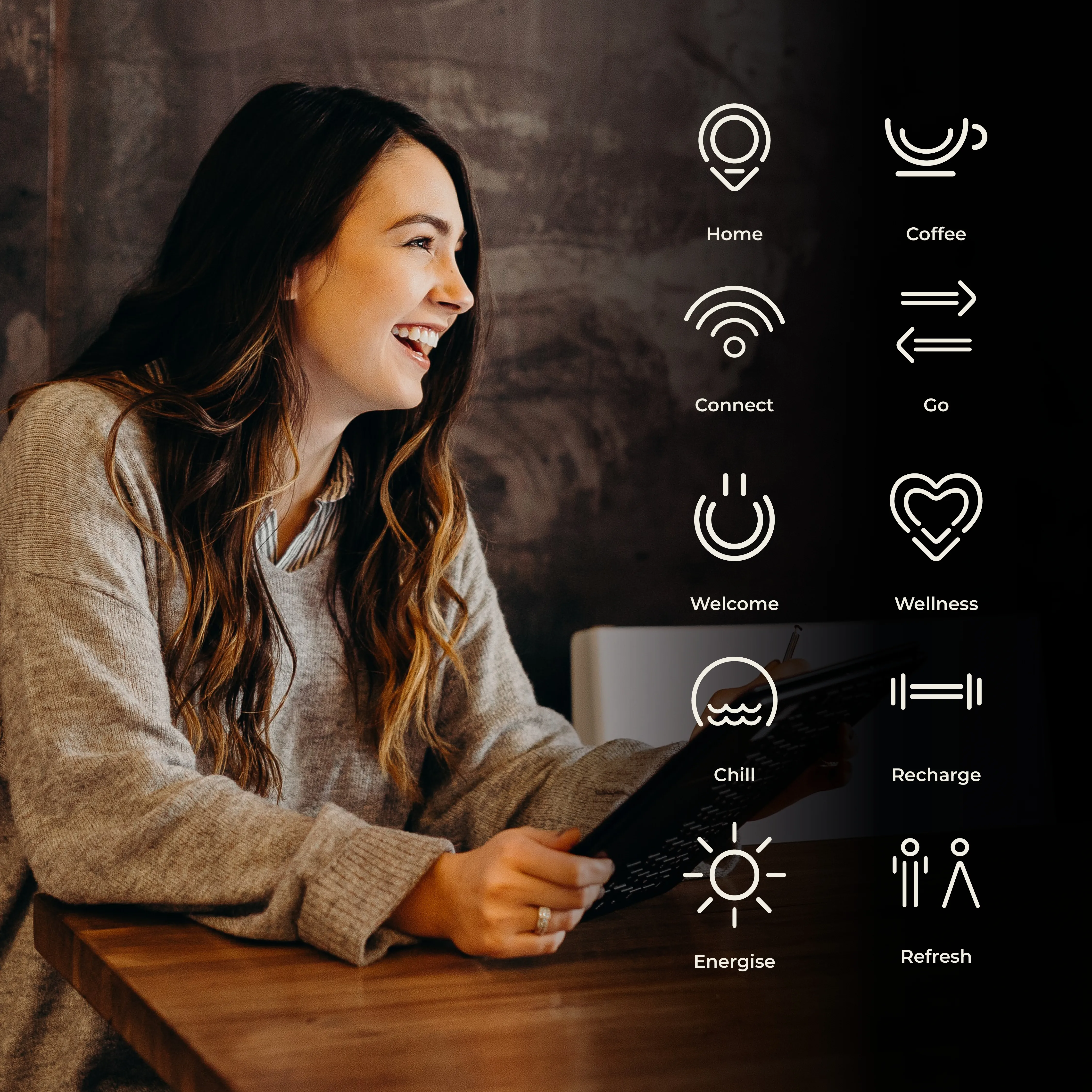 Icon set — ten lifestyle icons drawn in the same outline style as the logo