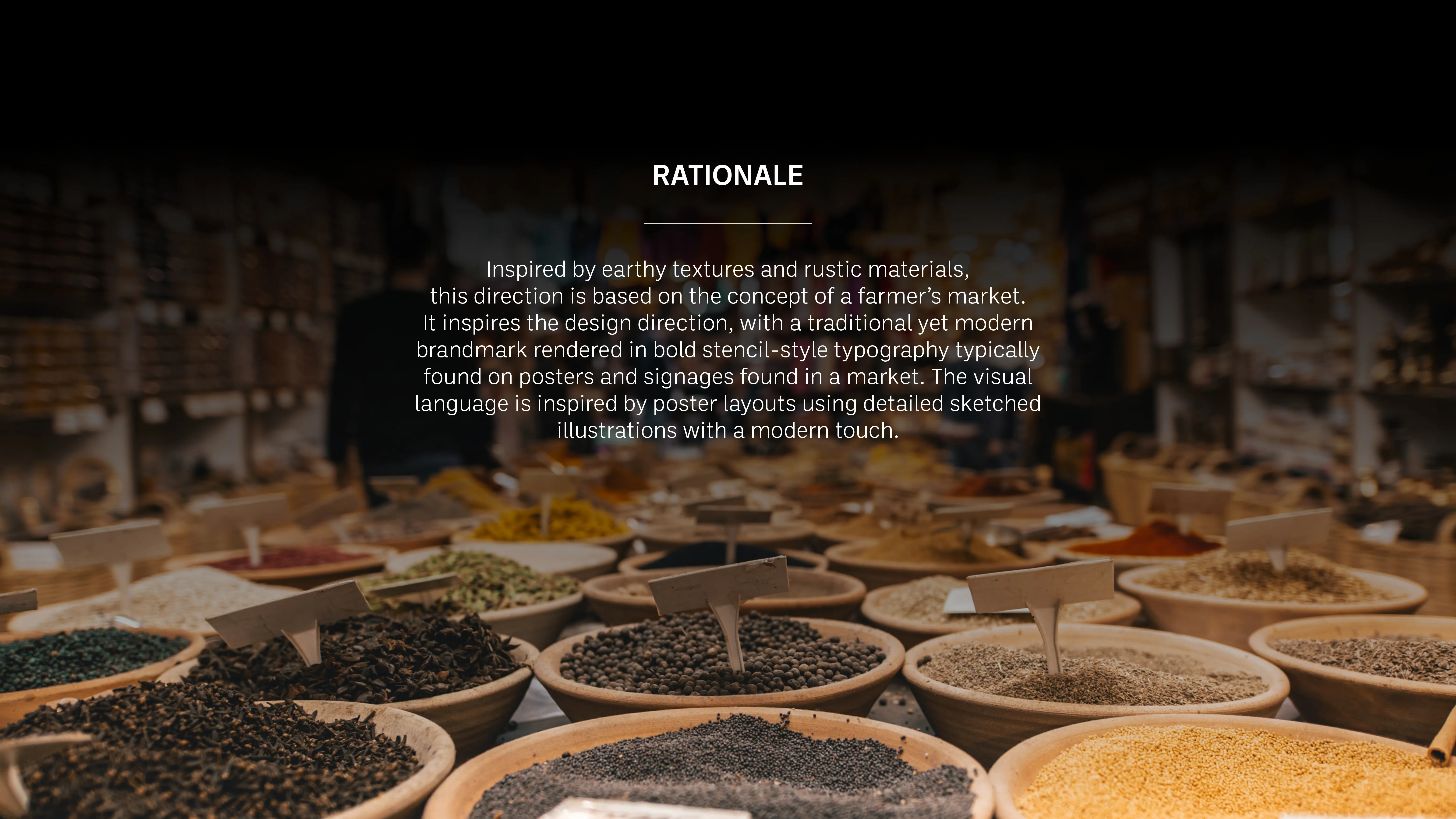 Direction 01 rationale — inspired by earthy textures and the visual language of a farmer's market