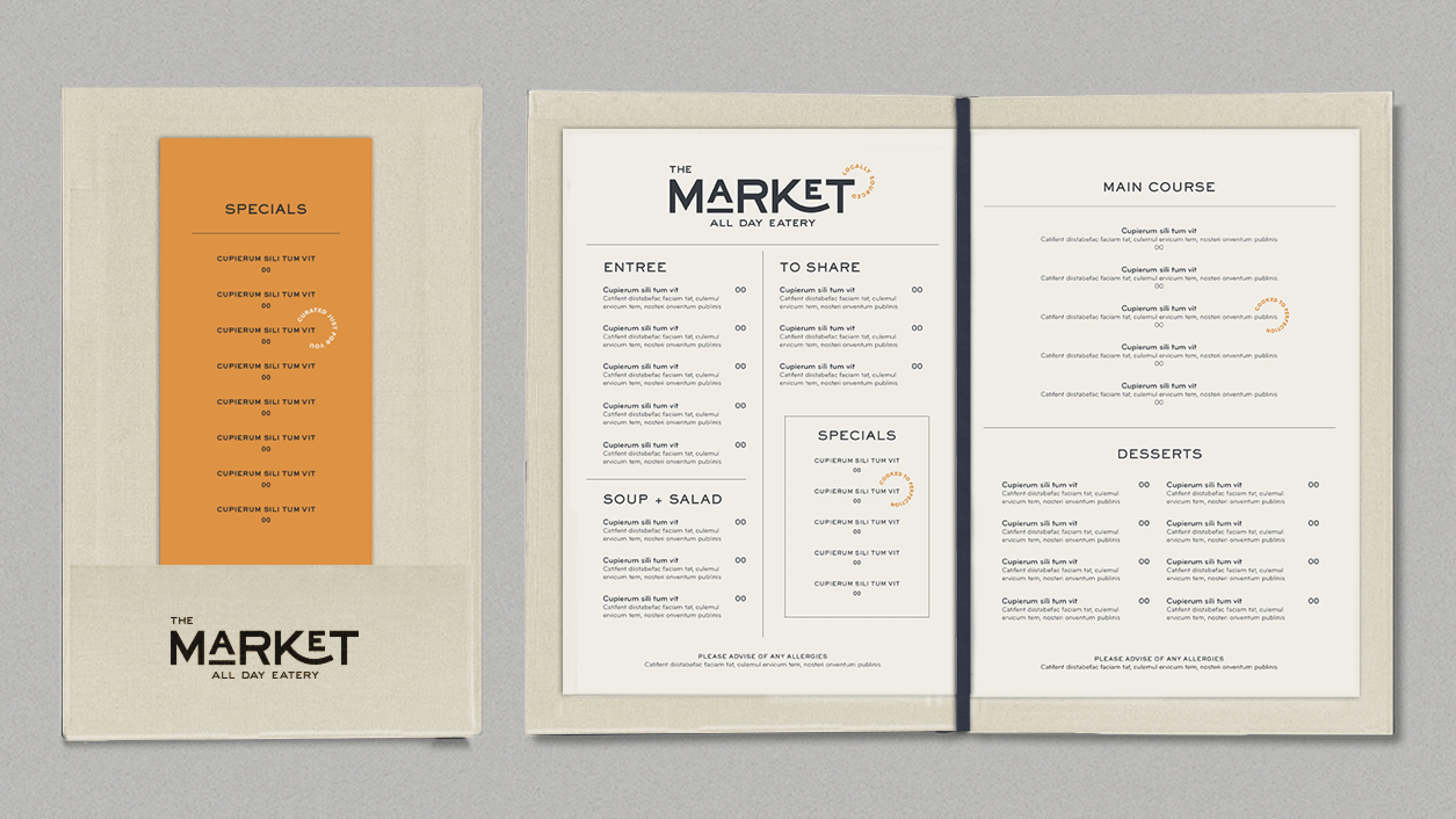 Direction 02 menu — linen cloth textured cover with screen-printed logo