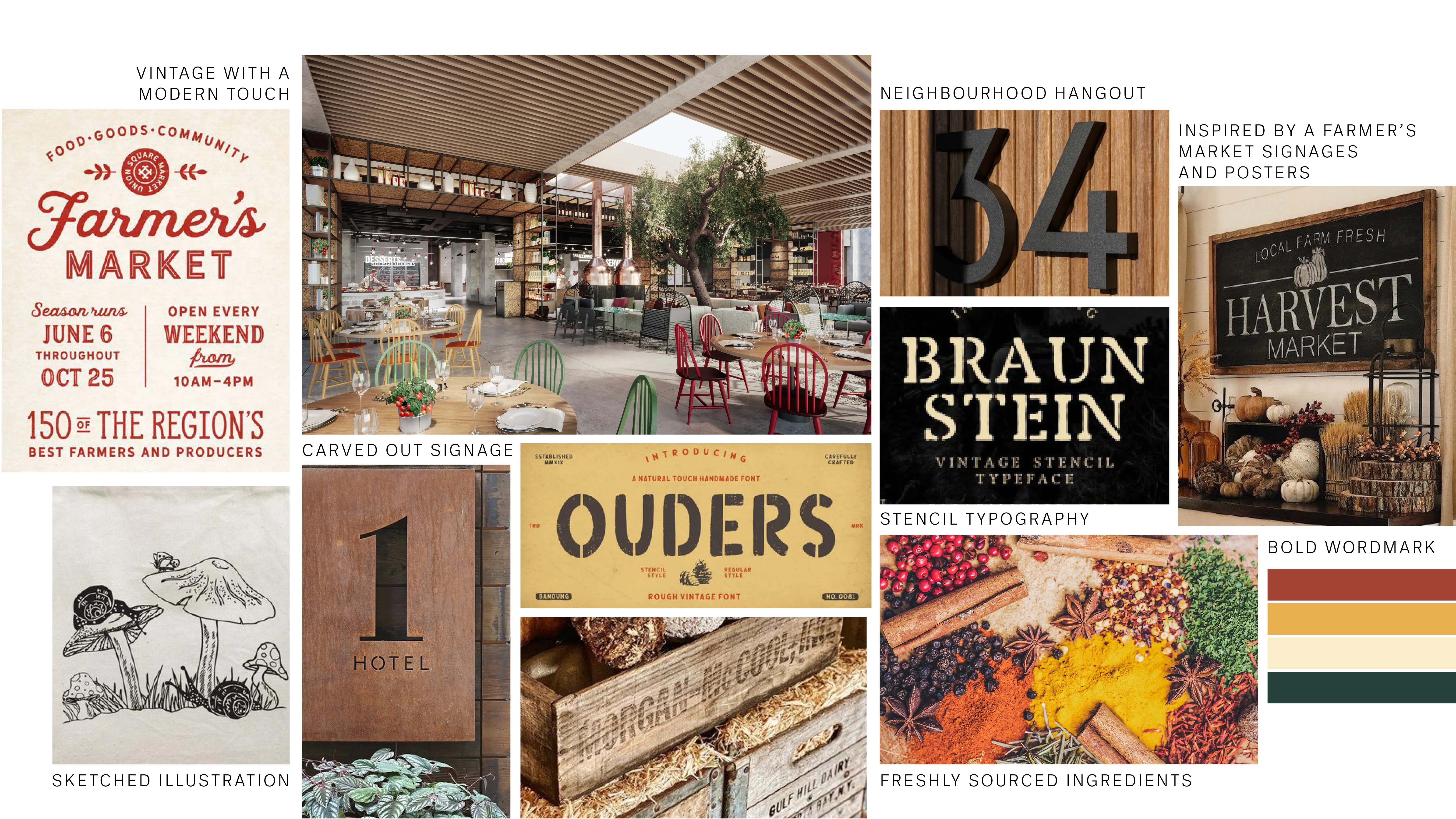 Direction 01 moodboard — vintage market signage, stencil typography and earthy textures