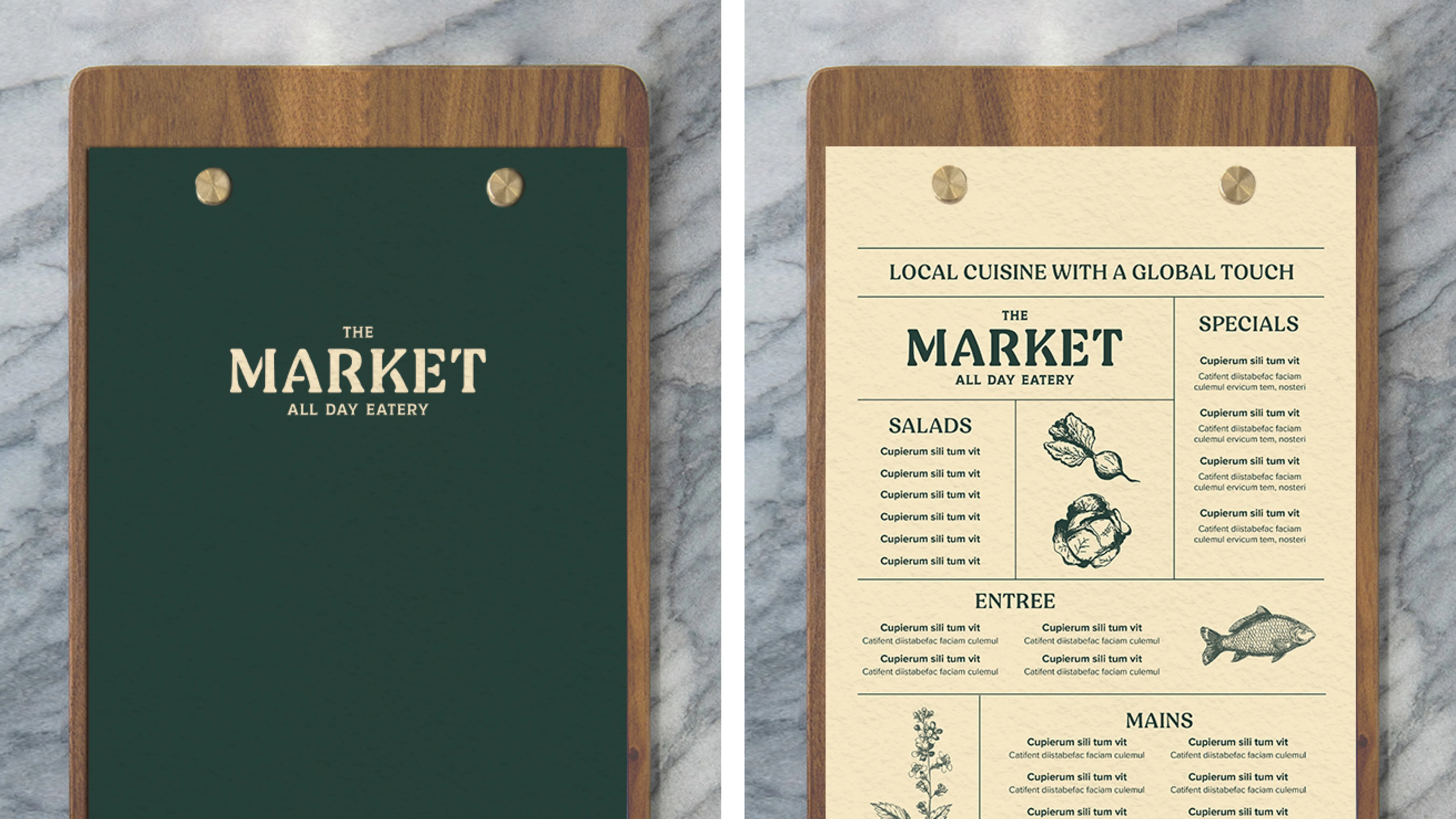 Direction 01 menu — screw post bound with wooden board, logo debossed on the back