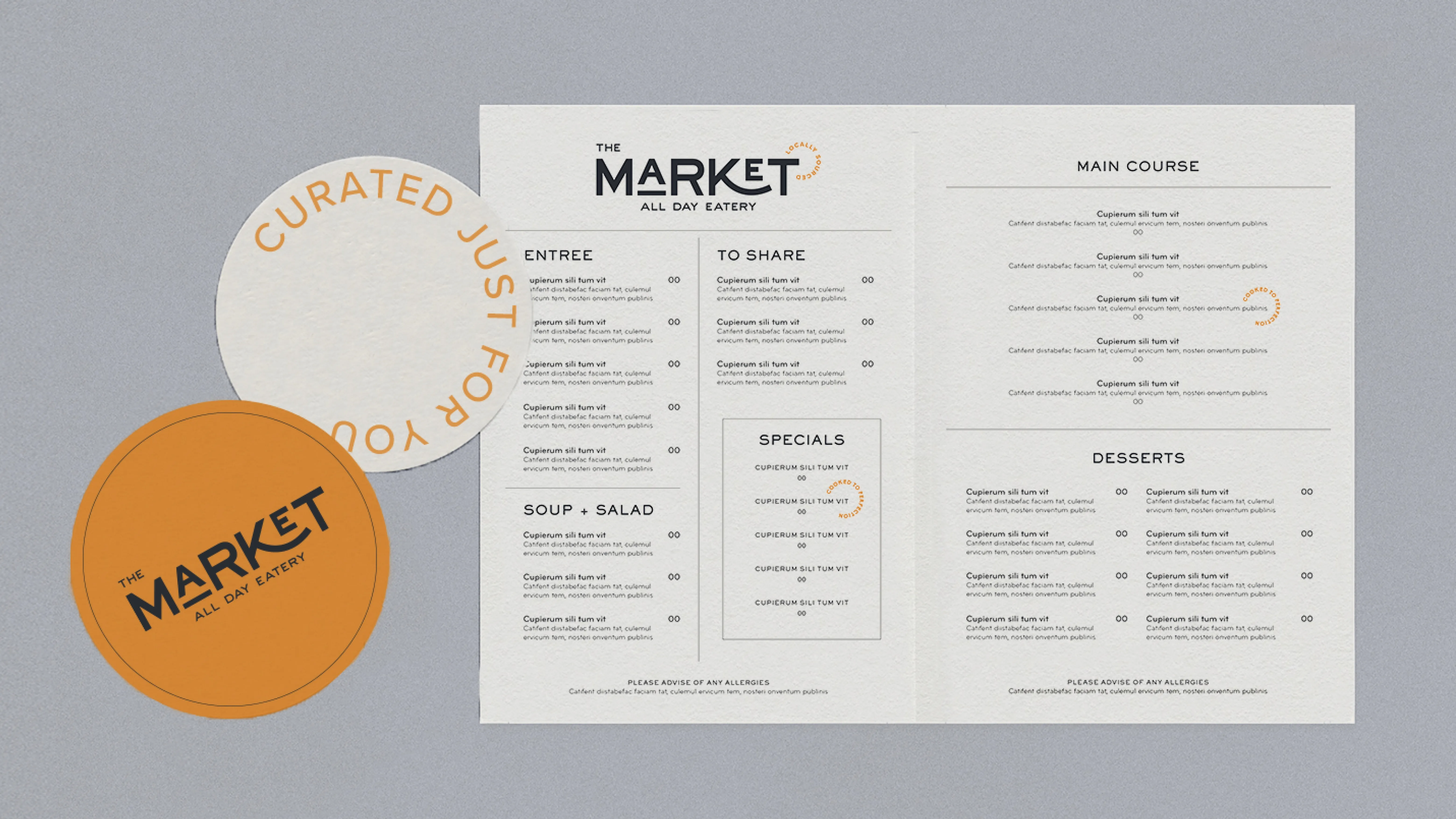 Menu interior — clean typographic layout with the seal device used for specials