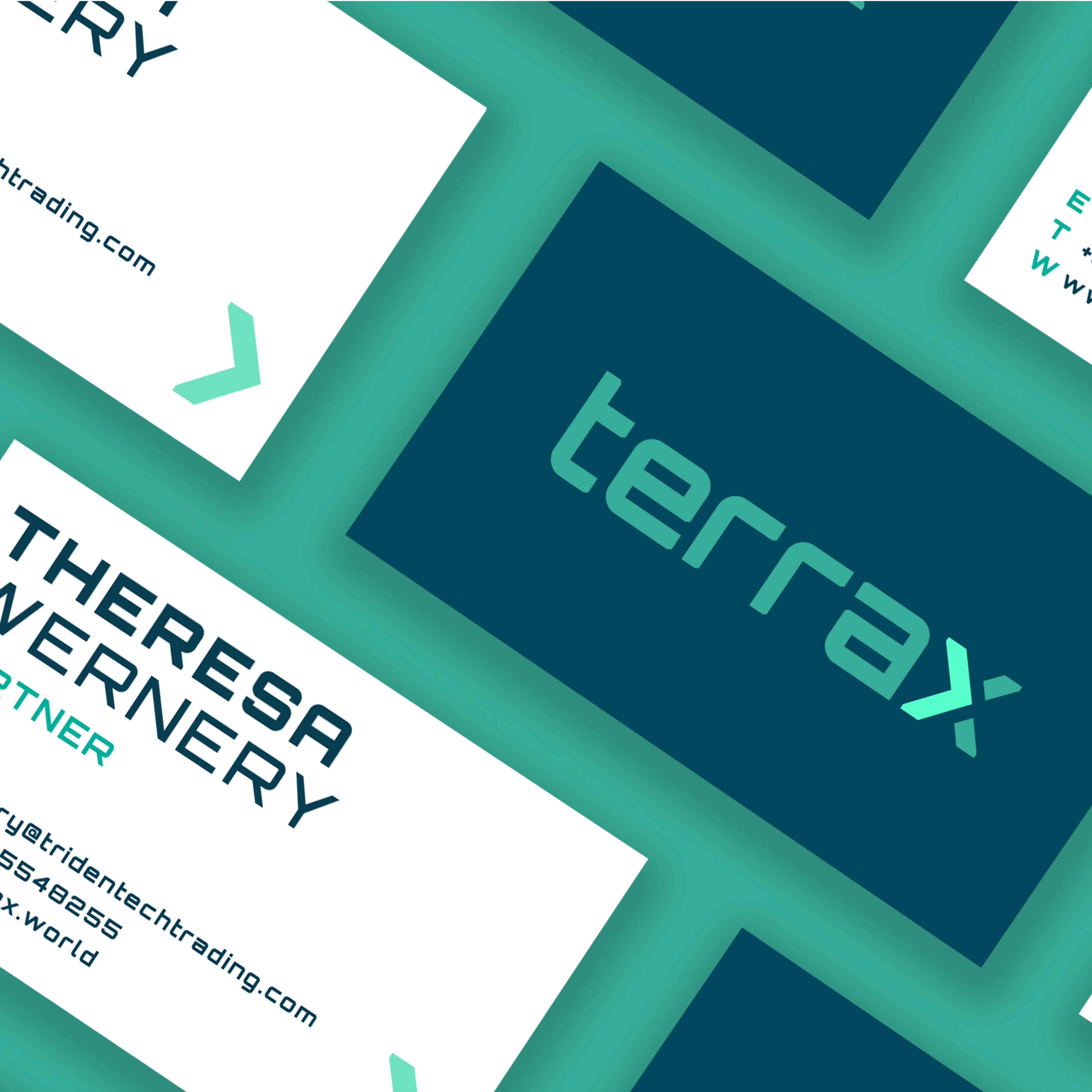 Business cards — front and back showing logo, colour palette and contact details